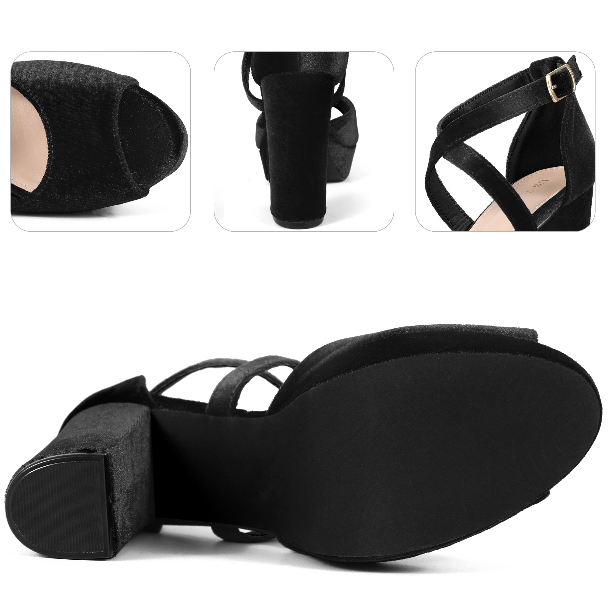 BLISSFUL STEP Women's Velvet Peep Toe Chunky Heel Block Platform Sandals