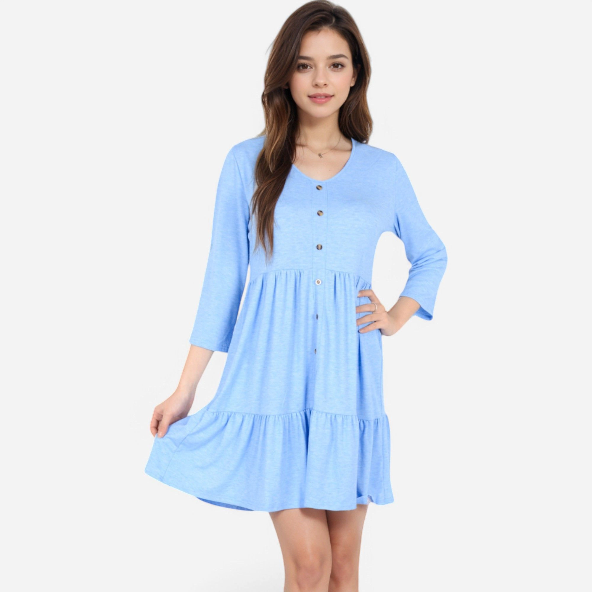 Anna-Kaci Women's V Neck Button Front Babydoll 3/4 Sleeve Tiered Ruffle Hem Dress