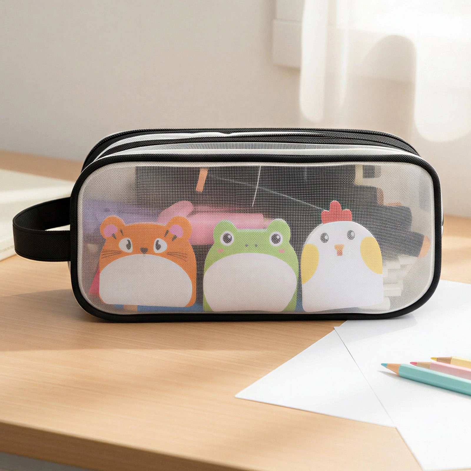 Wrapables 2-Compartment Transparent Mesh Pencil Case for Stationery, Makeup and Travel