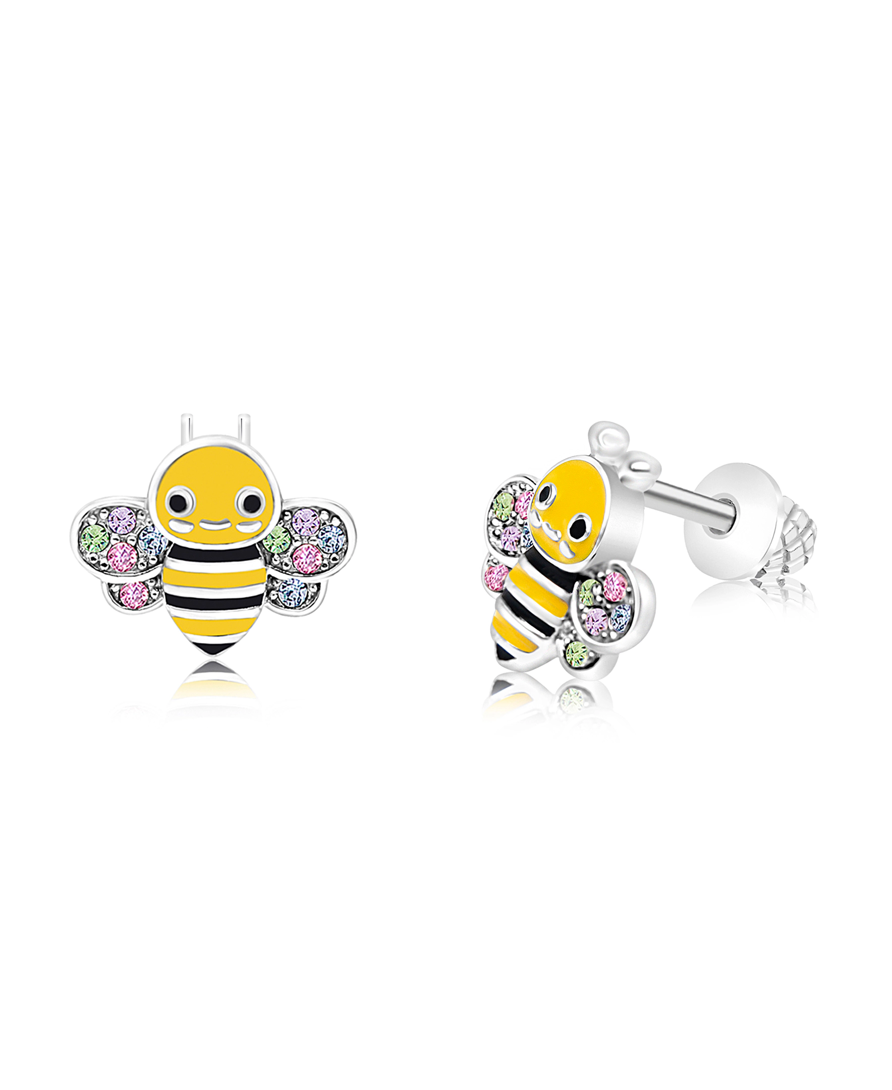 CHANTEUR Kids Bee Stud Earrings with Yellow Crystal, White Gold Palladium Plating, Screw Back