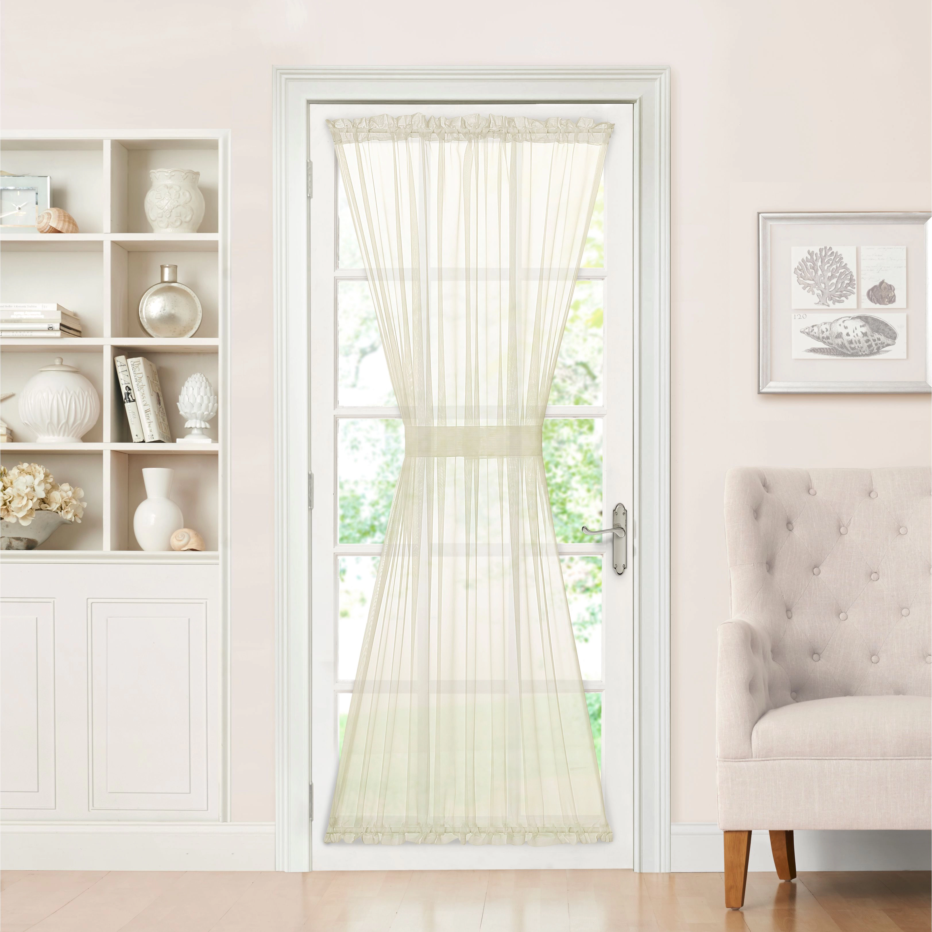 Kate Aurora Country Home Beige Sheer Voile Door Curtain Panel With Tieback - 72 in. Long
