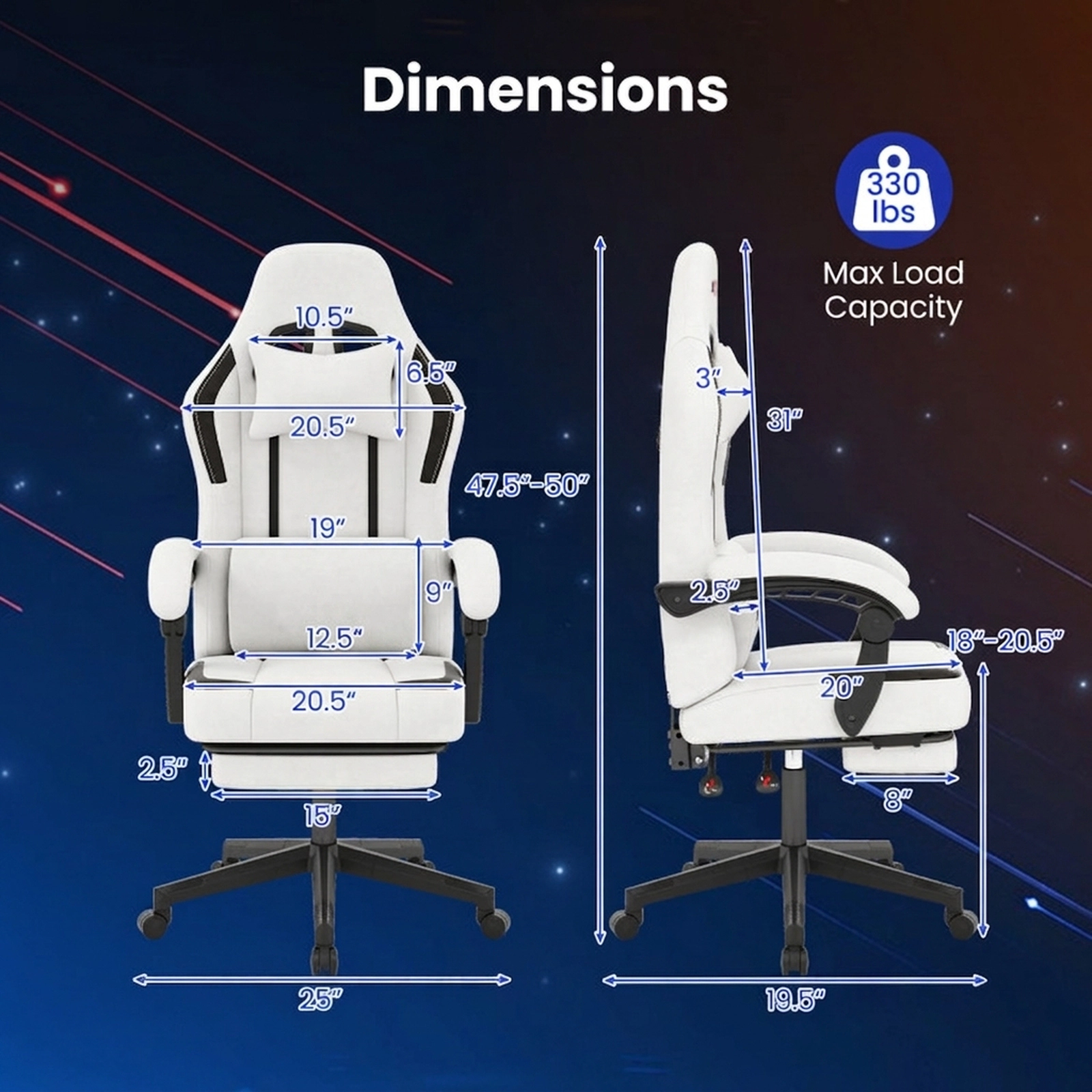 SUGIFT Ergonomic Full-Body Support Video Game Chair with Headrest and Retractable Footrest 330-lb Capacity Beige/Gray