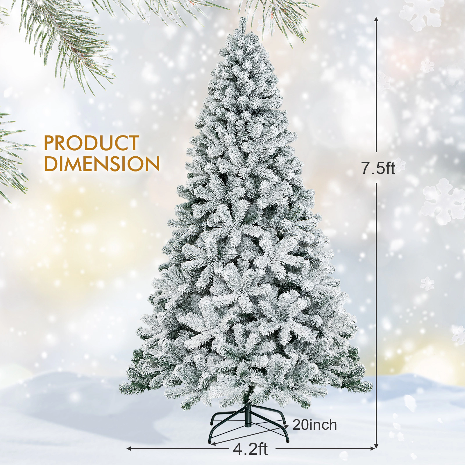 SUGIFT Snow Flocked Hinged Artificial Christmas Tree 7.5-ft Tall with 1010 Branch Tips 4 Sections with Metal Stand White
