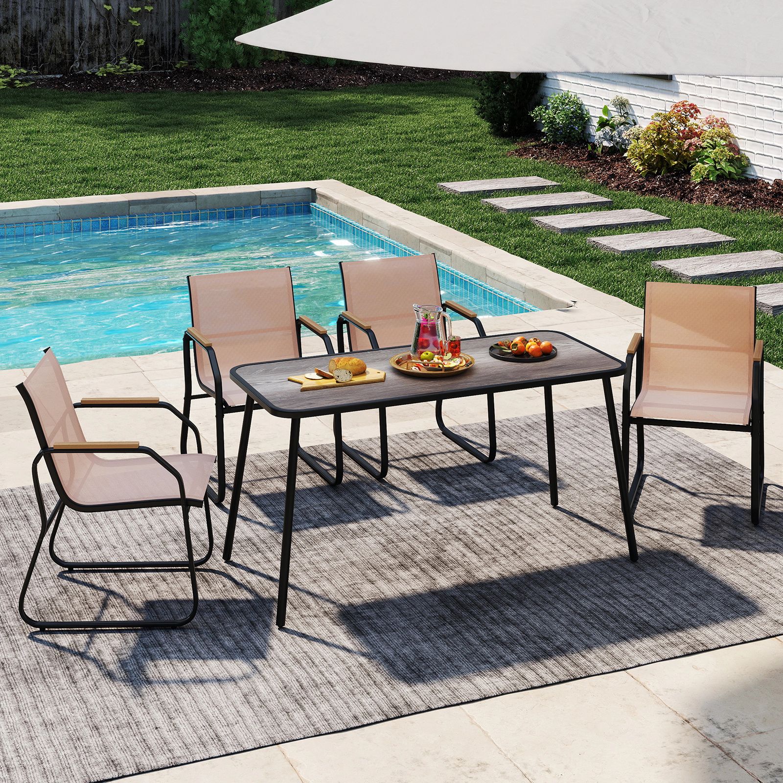 LJG 5 Pieces Patio Dining Set with Rectangular Table and Fabric Chairs