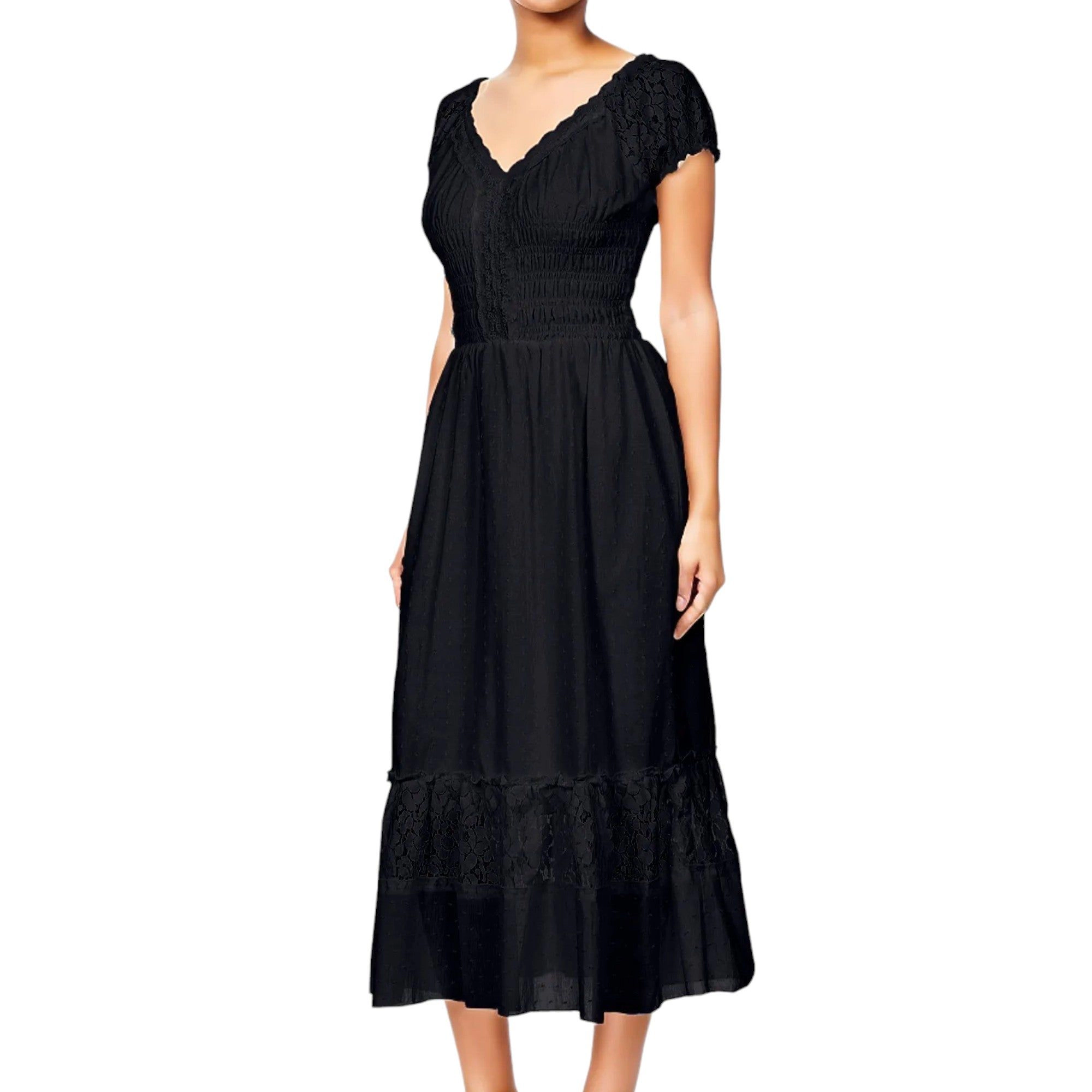 Anna-Kaci Women's Boho Inspired Lace Cap Sleeve Trim Ruffle Flared Hem Maxi  Dress
