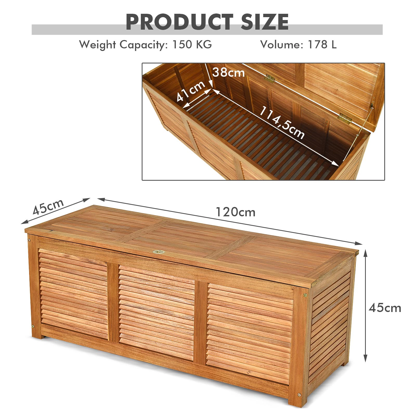 SUGIFT 46-Gallon 355-lb Capacity Acacia Wood Outdoor Storage Box and Bench with Galvanized Flip-Top Lid