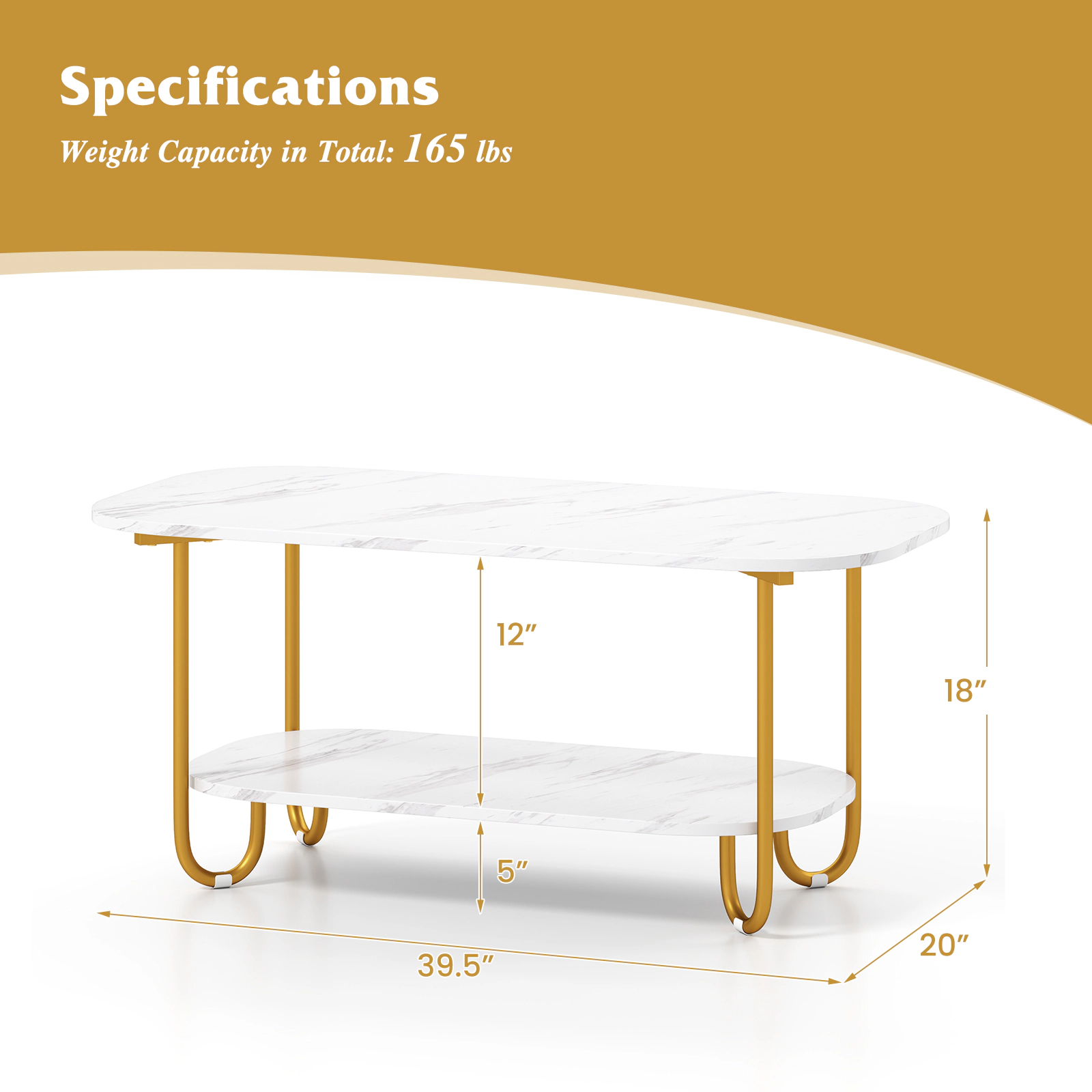 SUGIFT Modern 2-Tier Faux Marble Top Coffee Table 42-in Wide 110-lb Tabletop Capacity 66-lb Shelf Capacity White