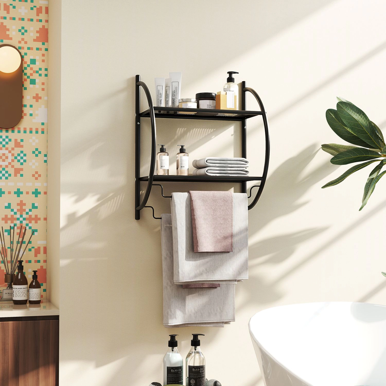 SlickBlue 2-Tier Bathroom Wall Shelf with Towel Bars and Mesh Storage