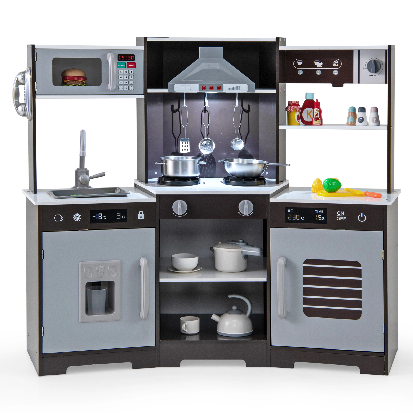 SUGIFT Pretend Play Wooden Kitchen Toy Set with Range Hood Real Sounds and Lights 44-in Tall Ages 3+ Brown/White