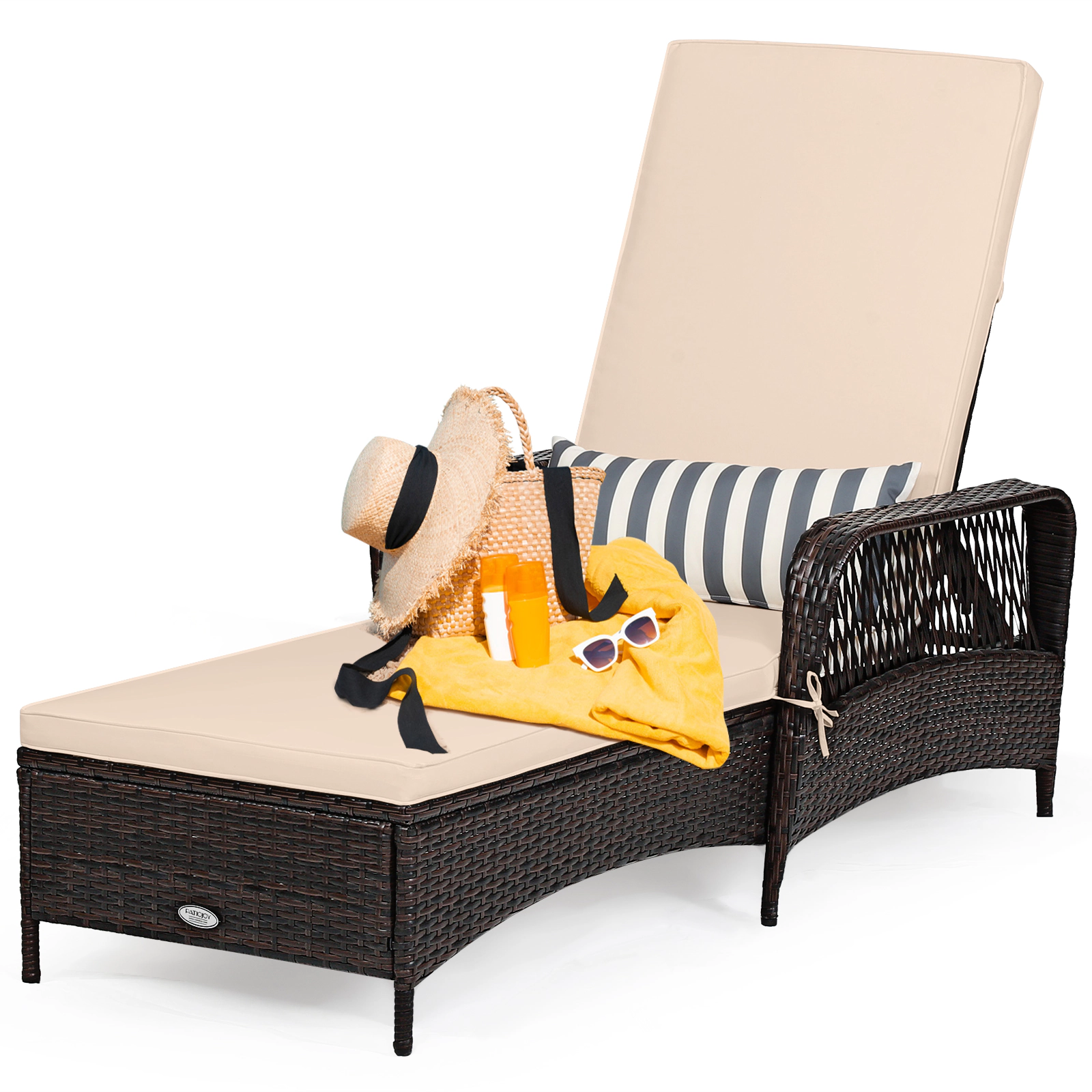LJG PE Rattan Chaise Lounge Chair Arm Recliner Adjustable with Pillow