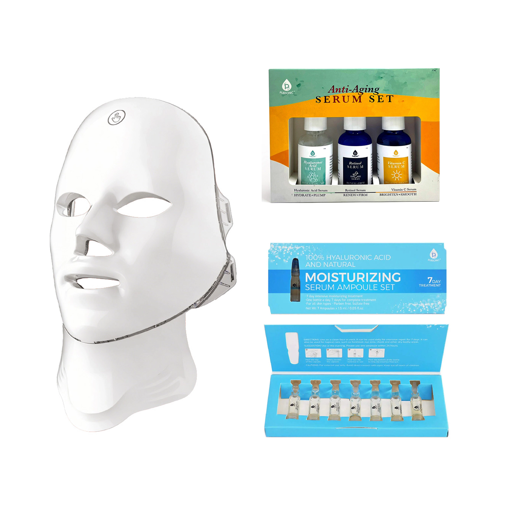 Pursonic Women’s 7-in-1 LED Light Therapy Mask Anti-Aging Serum & Hyaluronic Acid Treatment Set