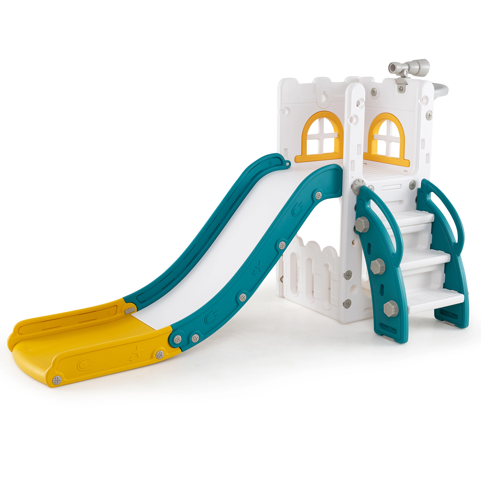 SUGIFT 6-in-1 110-lb Capacity L-Shaped Toddler Slide with Telescope Climber Basketball Hoop and Ladder