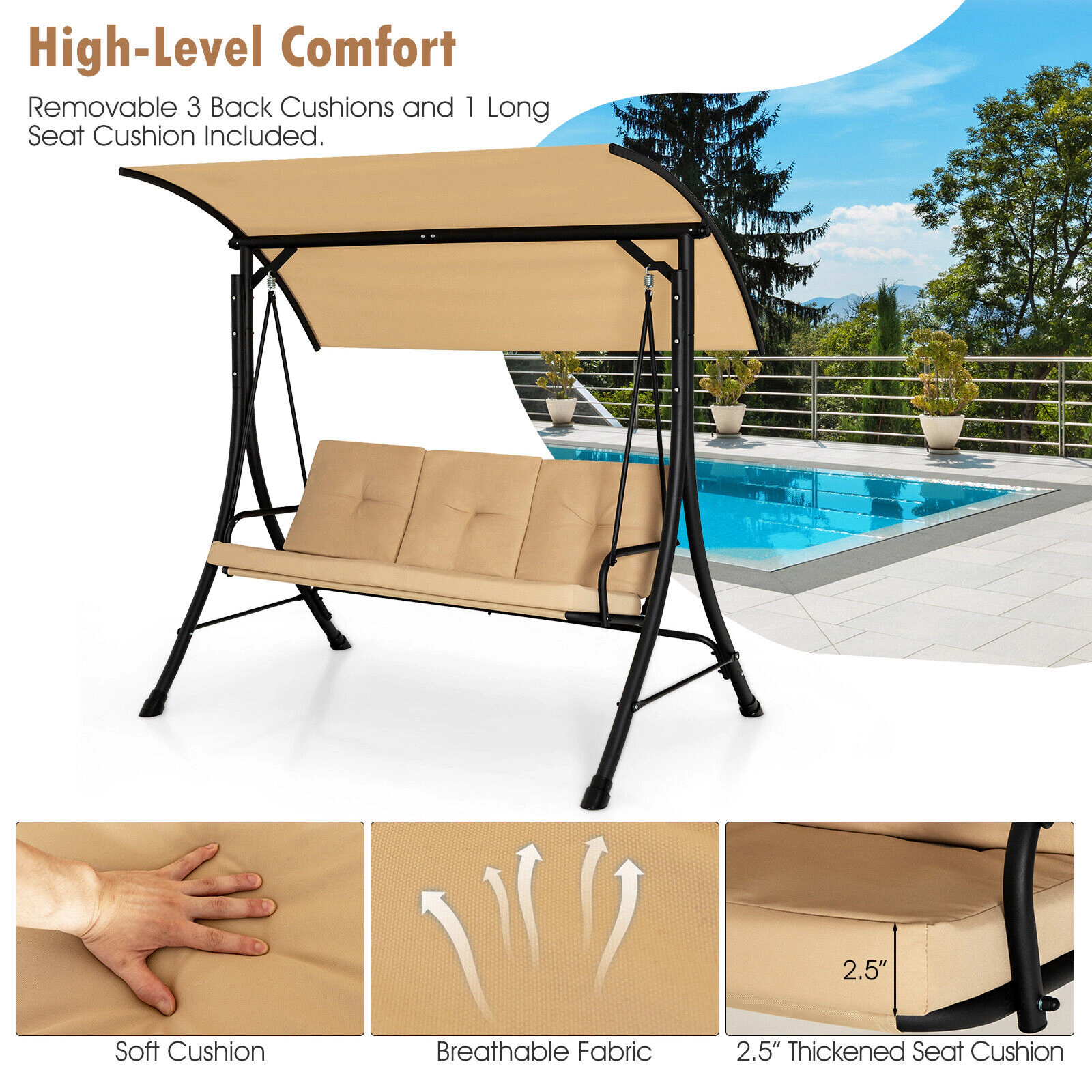 SUGIFT 3-Seat Outdoor Porch Swing with Adjustable Canopy and Padded Cushions 800-lb Capacity Beige/Brown