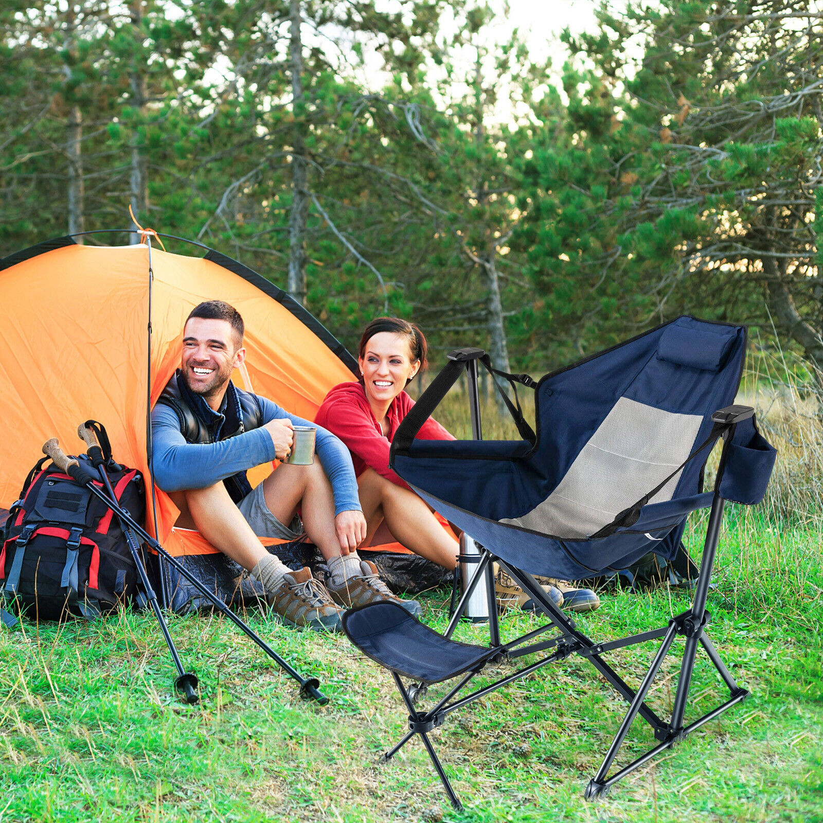 SUGIFT 330-lb Capacity Folding Hammock Camping Chair with Retractable Footrest Head Pillow and Carrying Bag