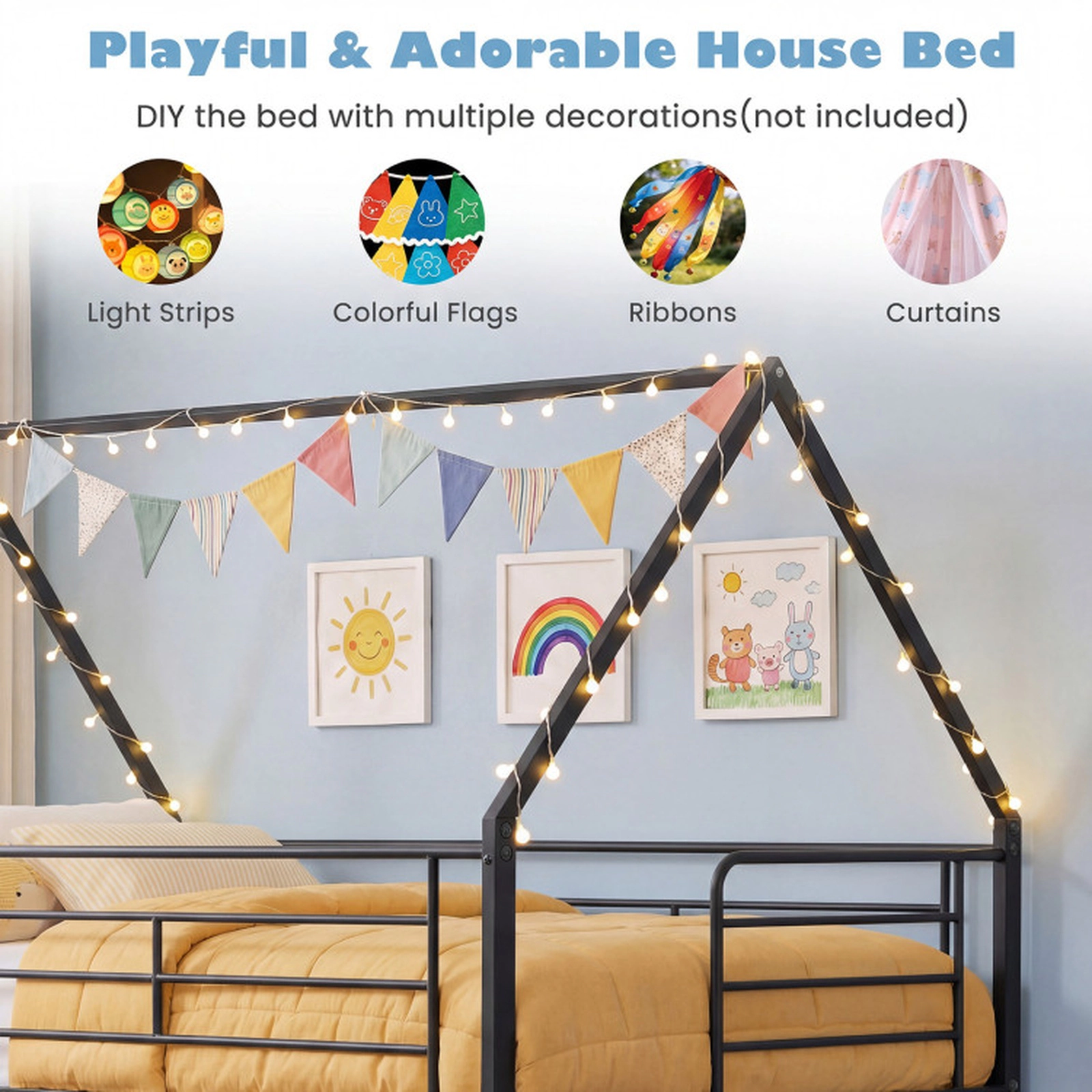 SUGIFT Black House Roof Frame and Ladder 400-lb Twin Over Twin Kids Metal Bunk Bed
