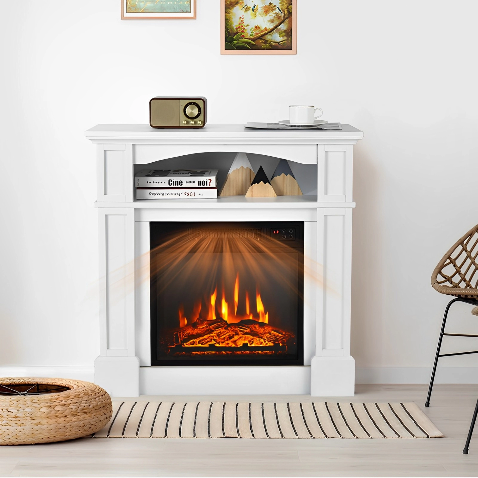 SUGIFT 18-in Electric Fireplace Insert Arched Open Shelf Mantel TV Stand 32-in x 13-in x 31-in 1400W 4650 BTU White