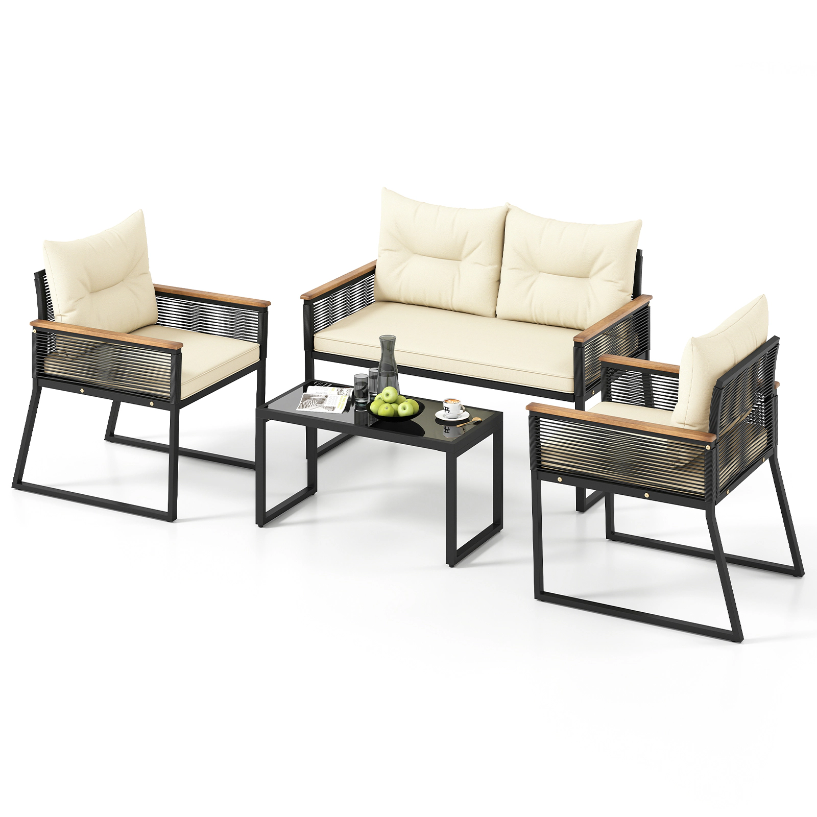 LJG 4 Pieces Patio Furniture Set Outdoor Conversation Set with Tempered Glass Coffee Table