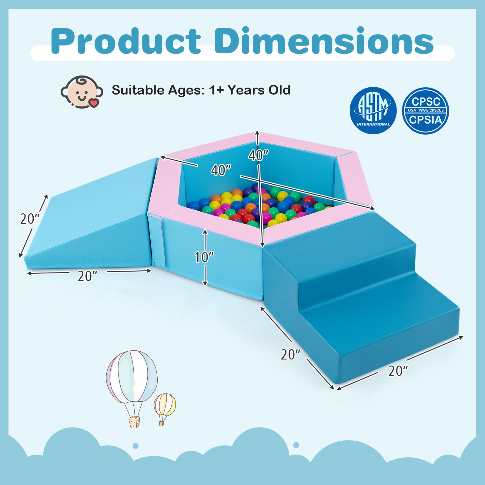 SUGIFT 3-Piece Baby Foam Climbing Blocks Climb and Crawl Set with Ball Pit Ages 1+ Blue