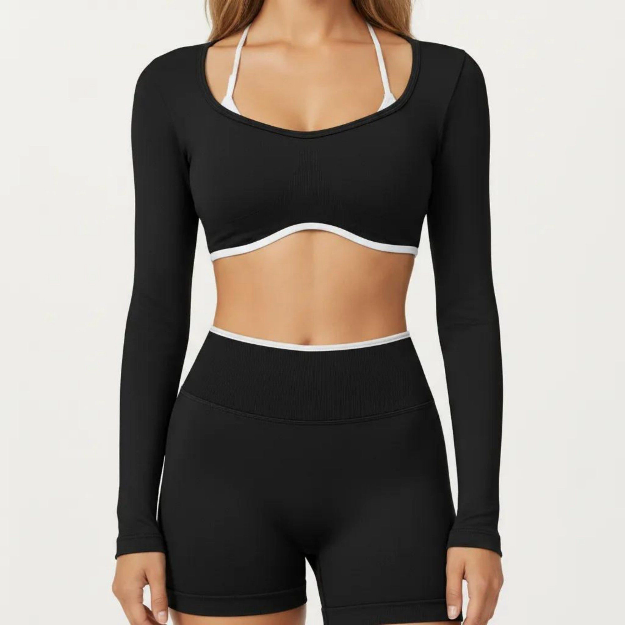 Anna-Kaci Women's Long Sleeve Crop Top with Contrast Trim and Scoop Neckline