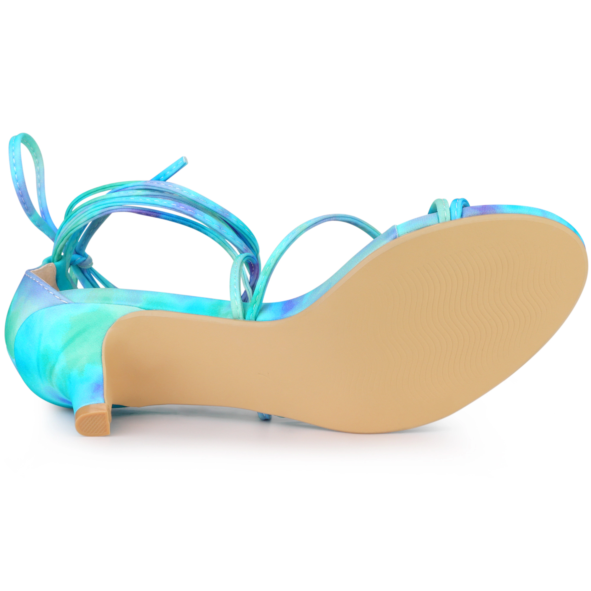 BLISSFUL STEP Women's Tie Dye Strappy Open Toe Lace Up Kitten Heel Sandals