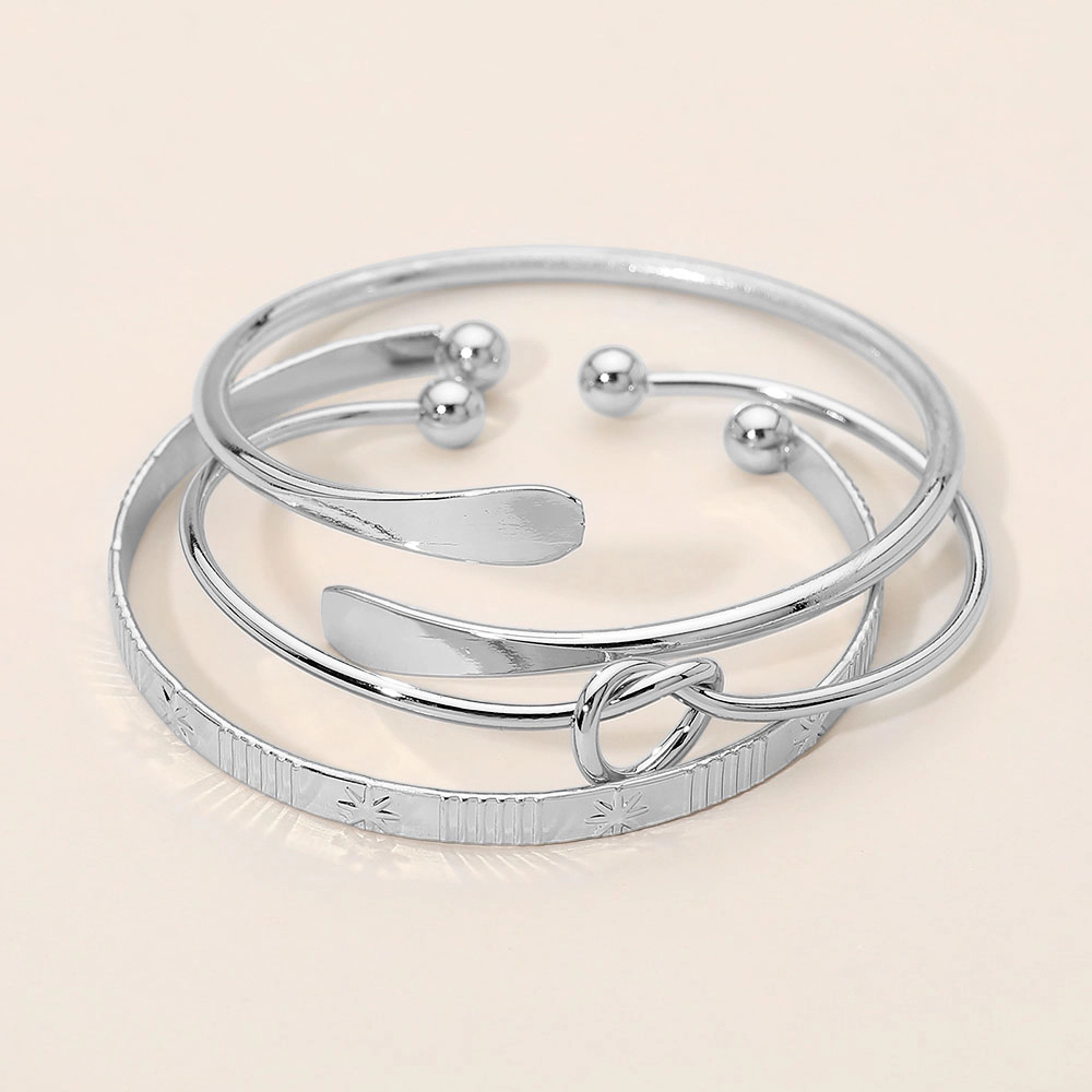 FASHNZFAB 3PCS - Silver Dipped Minimalist Knot Accent Bangle Cuff Multi Layered Bracelets - Rhodium