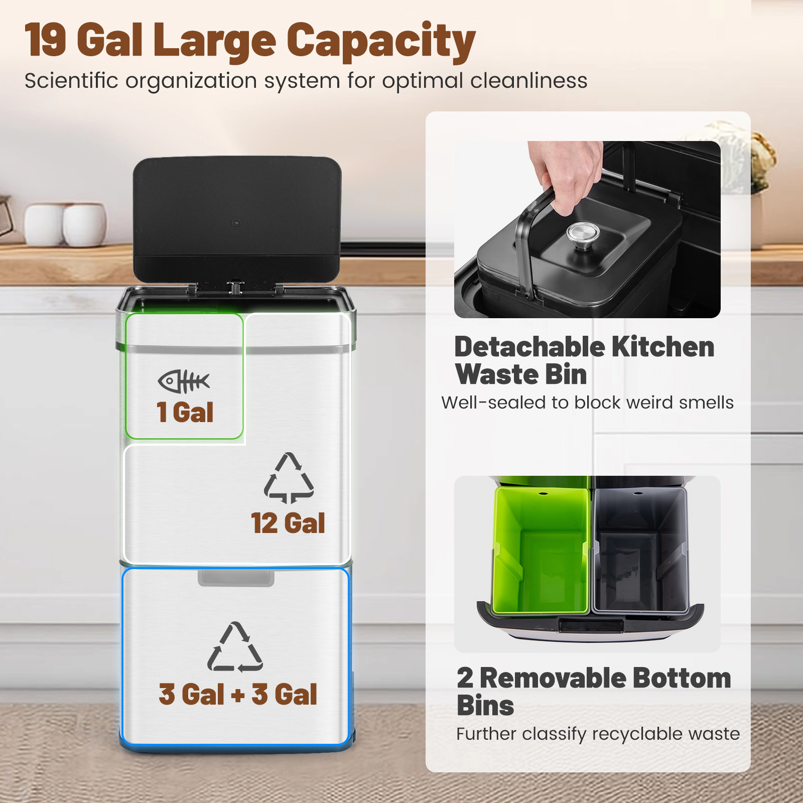 Hivvago 19 Gal Stainless Steel Trash Can with Kitchen Waste Bin and 2 Bottom Recycling Bins