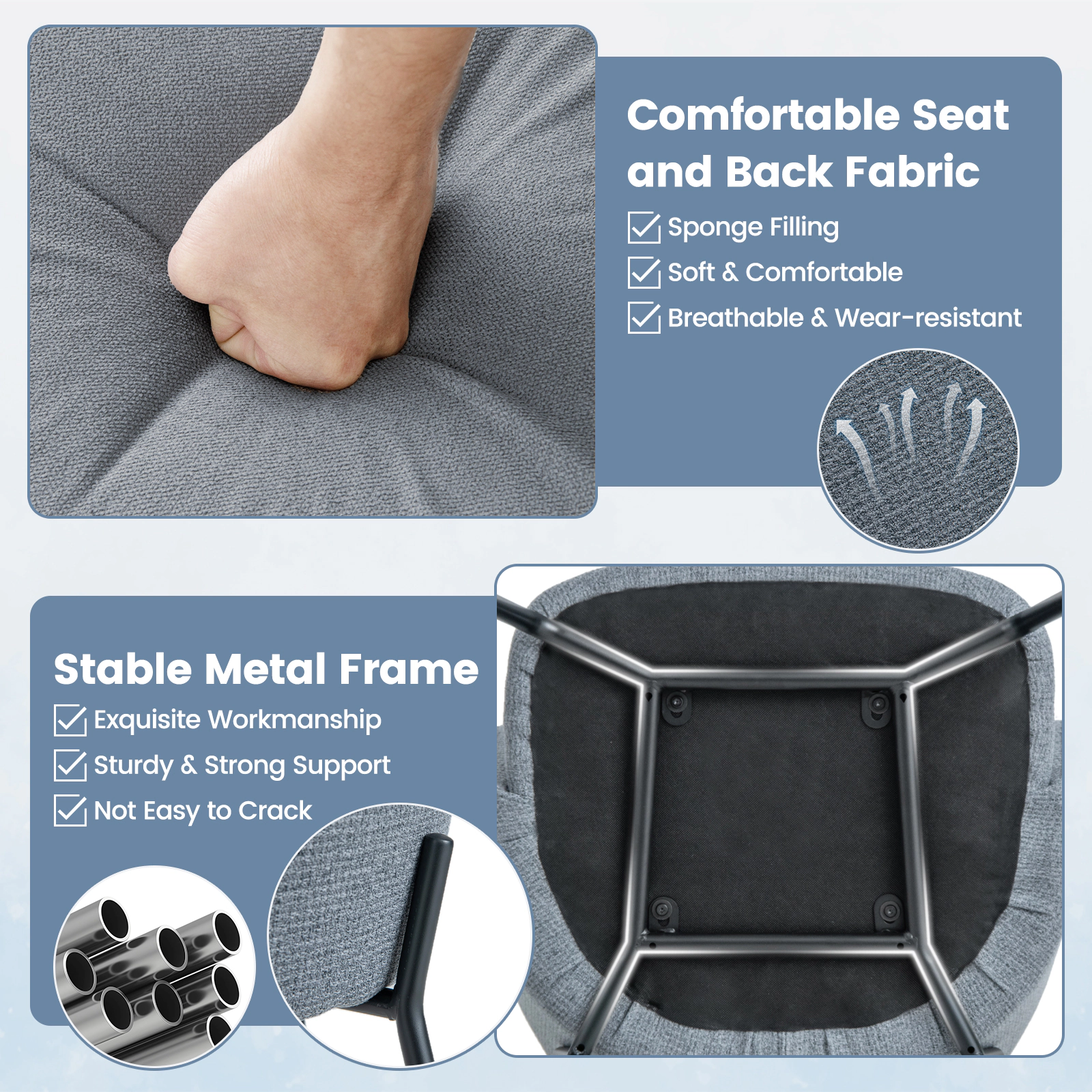 SUGIFT Gray Curved Backrest Wide Seat Armrests and Metal Frame Set of 2 Dining Chairs