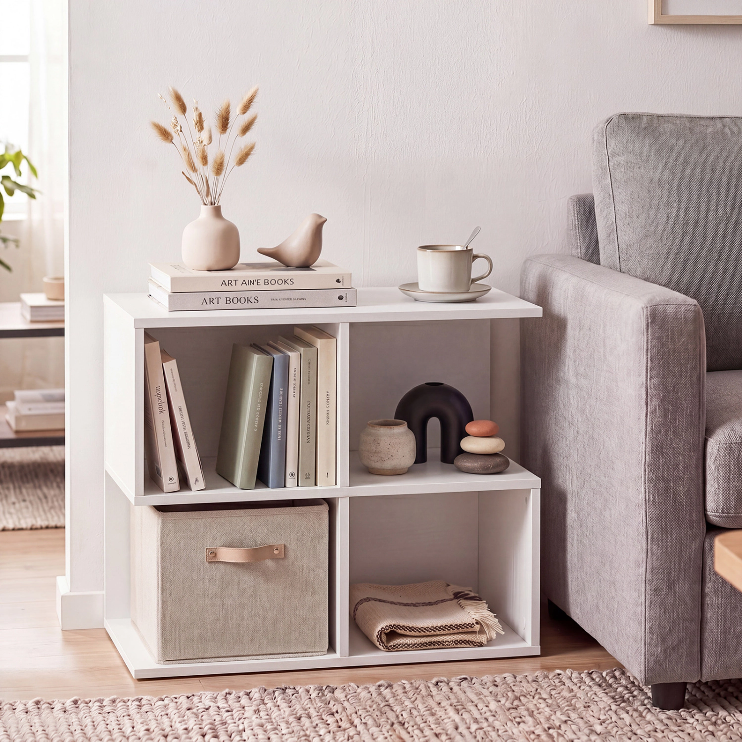 LJG 3-Tier Modern S-Shaped End Table with 4 Storage Cubes