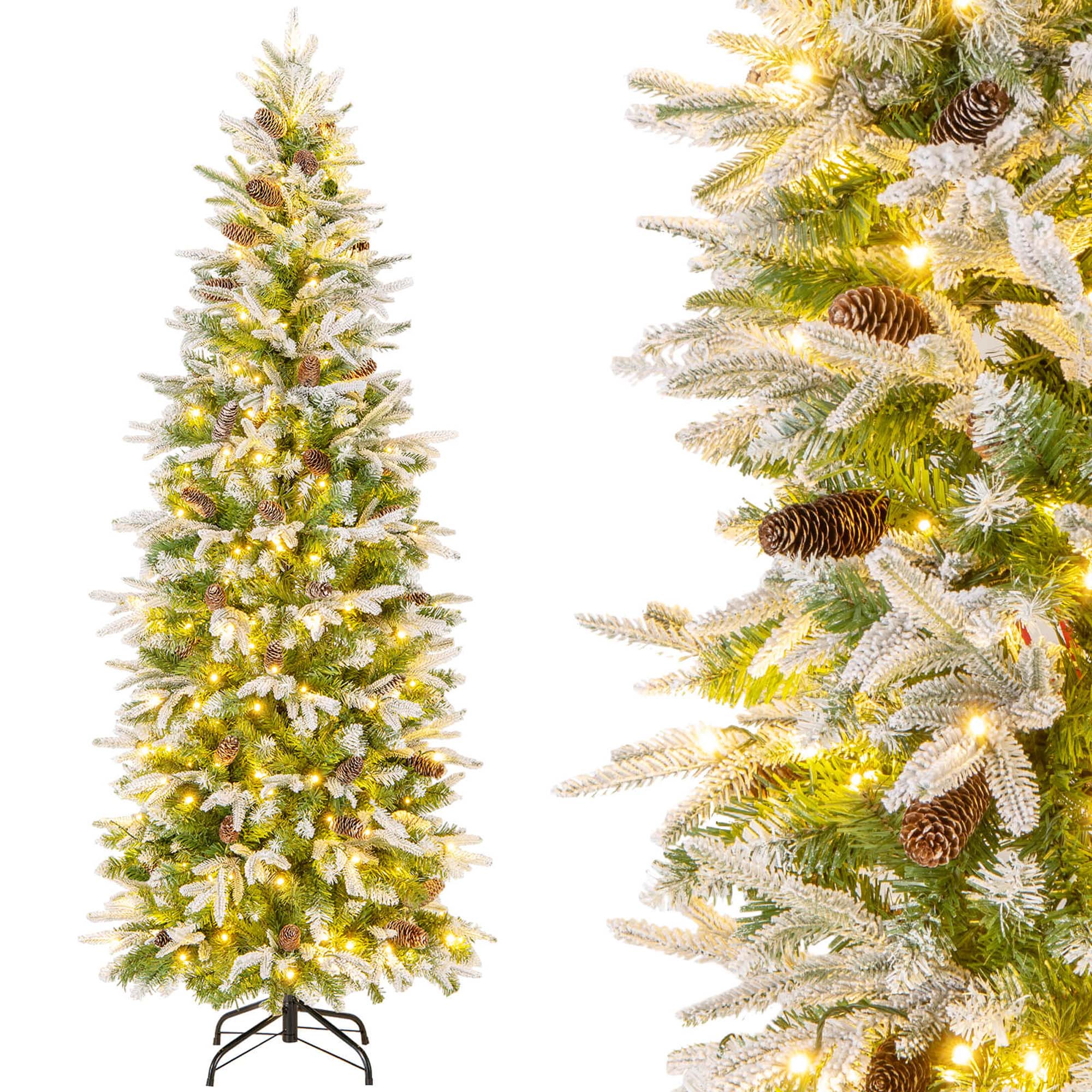 Costway 6/7.5/9 FT Flocked Christmas Tree with 913 PE PVC Branch Tips 280/350/470 Warm LED Lights