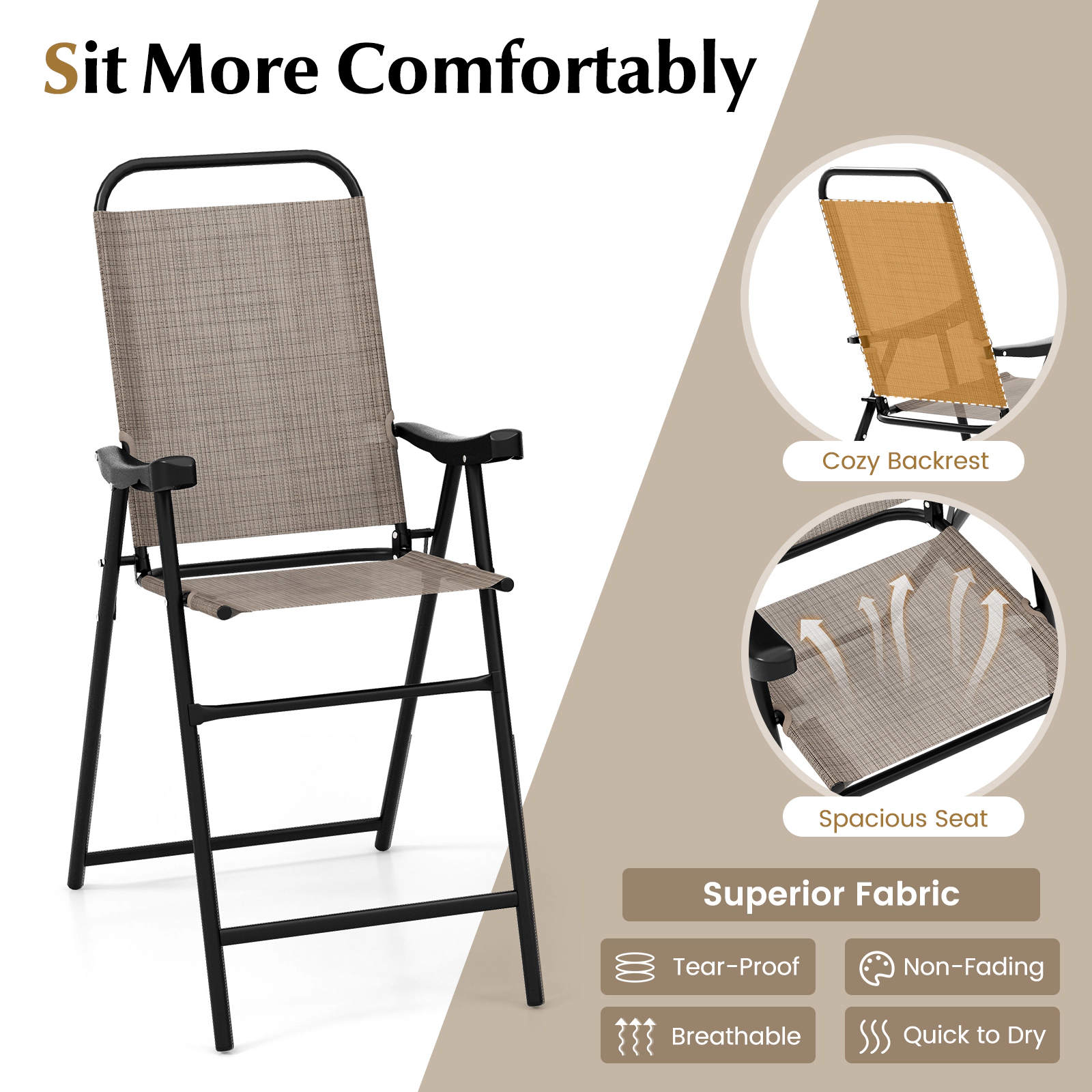 SUGIFT Coffee Metal Frame Armrests and Footrest Set of 4 Patio Folding Bar Stool