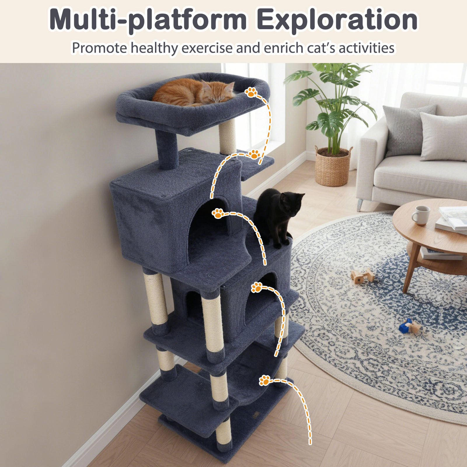 SUGIFT Multi-Level 70-in Tall Cat Tree Tower with Hammock and Dual Condos 33-lb Capacity Beige Deep Gray Light Gray