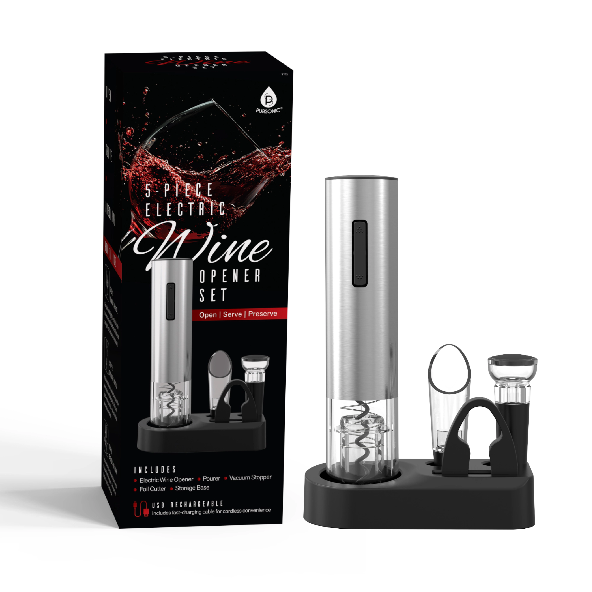 Pursonic Unisex Electric 5-Piece Wine Opener Set