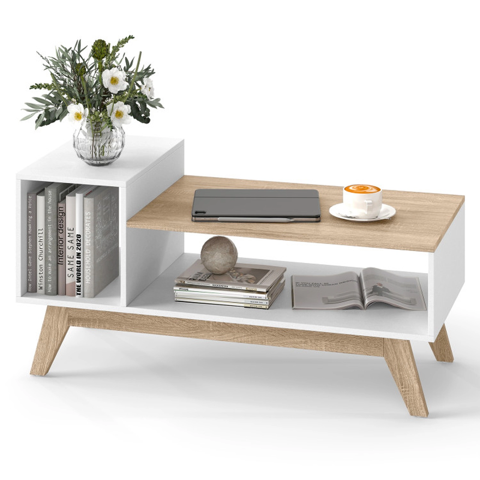 SUGIFT 43-in 100-lb Capacity White Color-Block Coffee Table with Stepped Tabletop and 2 Open Compartments