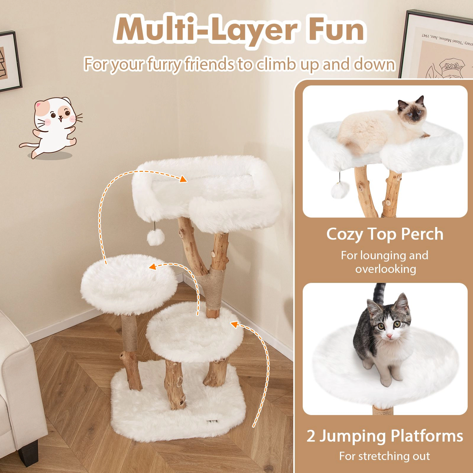 SlickBlue 44" Solid Wood Cat Tree with Plush Perches & Scratcher