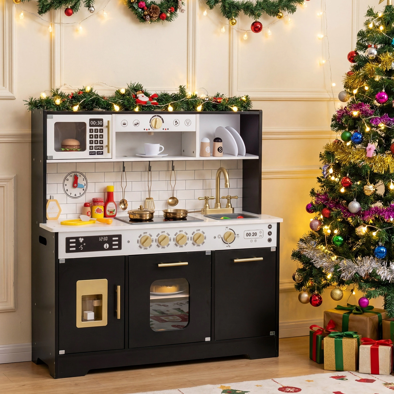 Wooden Play Kitchen for Kids Lighted Stoves Ice Maker Coffee Maker Dishwasher Clock 33.5-in x 11.5-in x 34.5-in Black