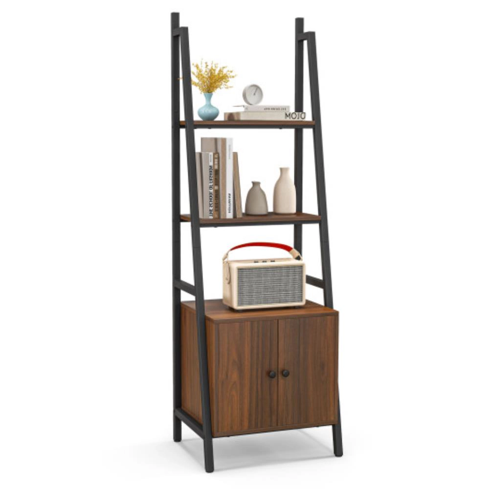 Hivvago 4-Tier Ladder Shelf with Cabinet and Metal Frame-Rustic Brown