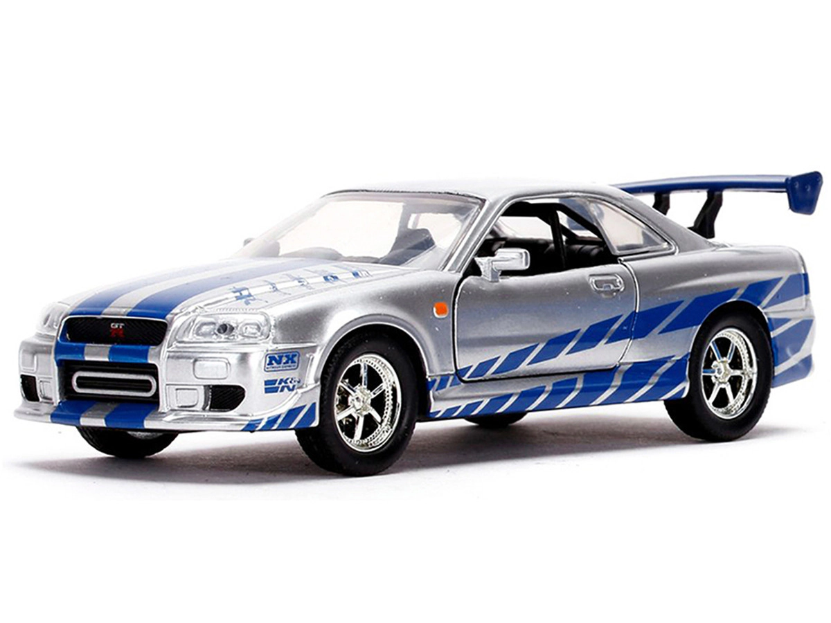 Jada Brian's Nissan Skyline GT-R (BNR34) Silver with Blue Stripes and Nissan GT-R (BNR34) Blue Metallic Set of