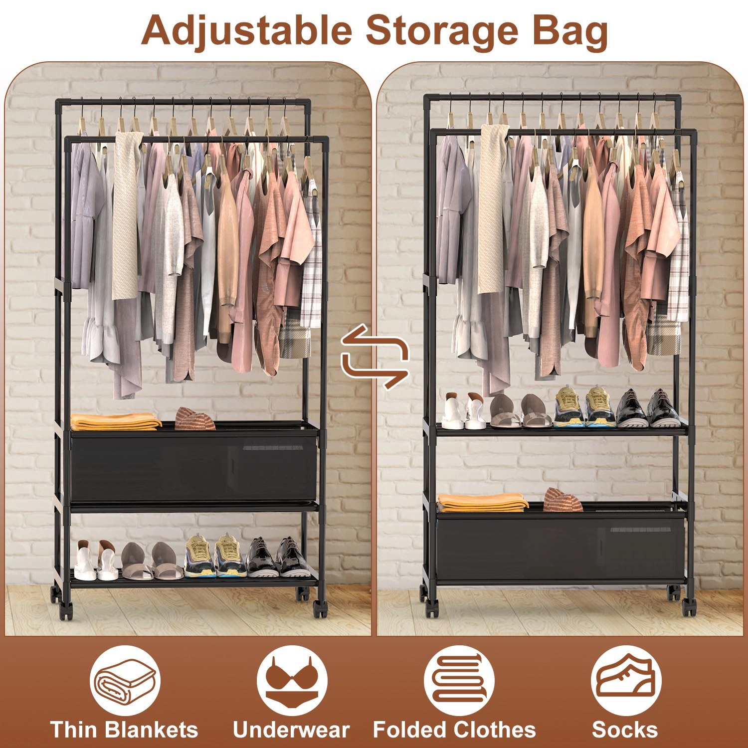 NEW Home Unisex Double-Rod Garment Rack With Storage