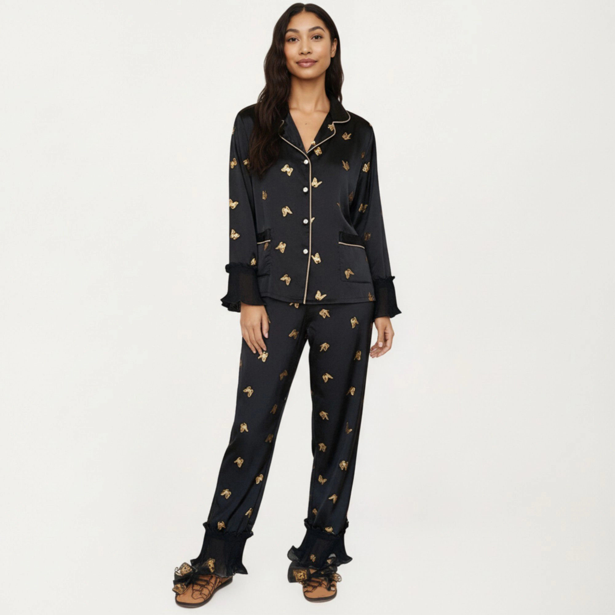 Anna-Kaci Women's 2-Piece Satin Pajama Top with Piping Detail and Ruffled Cuffs Paired Matching Pants