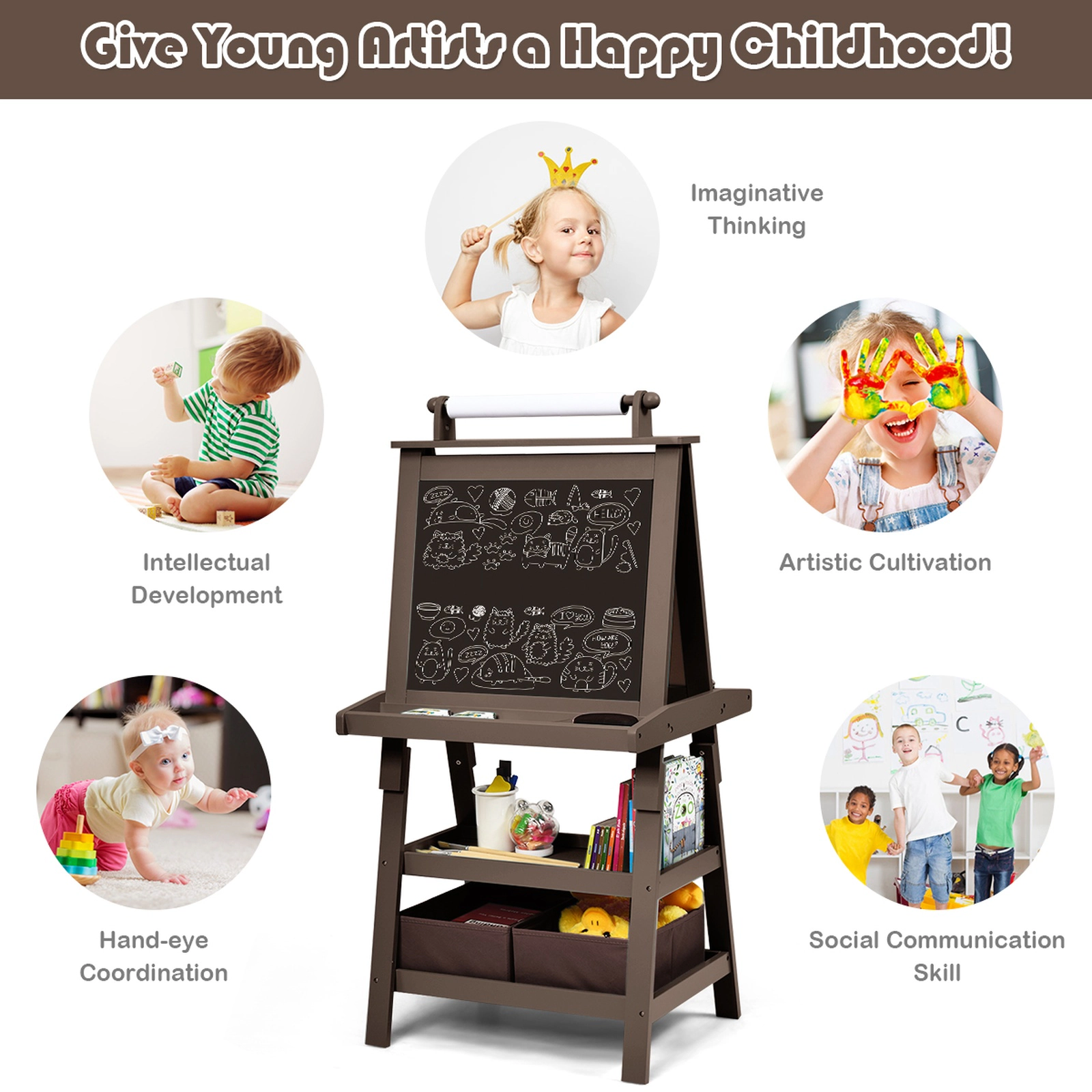 SUGIFT Paper Roll and Storage Bins 3-in-1 Double-Sided Kids Art Easel