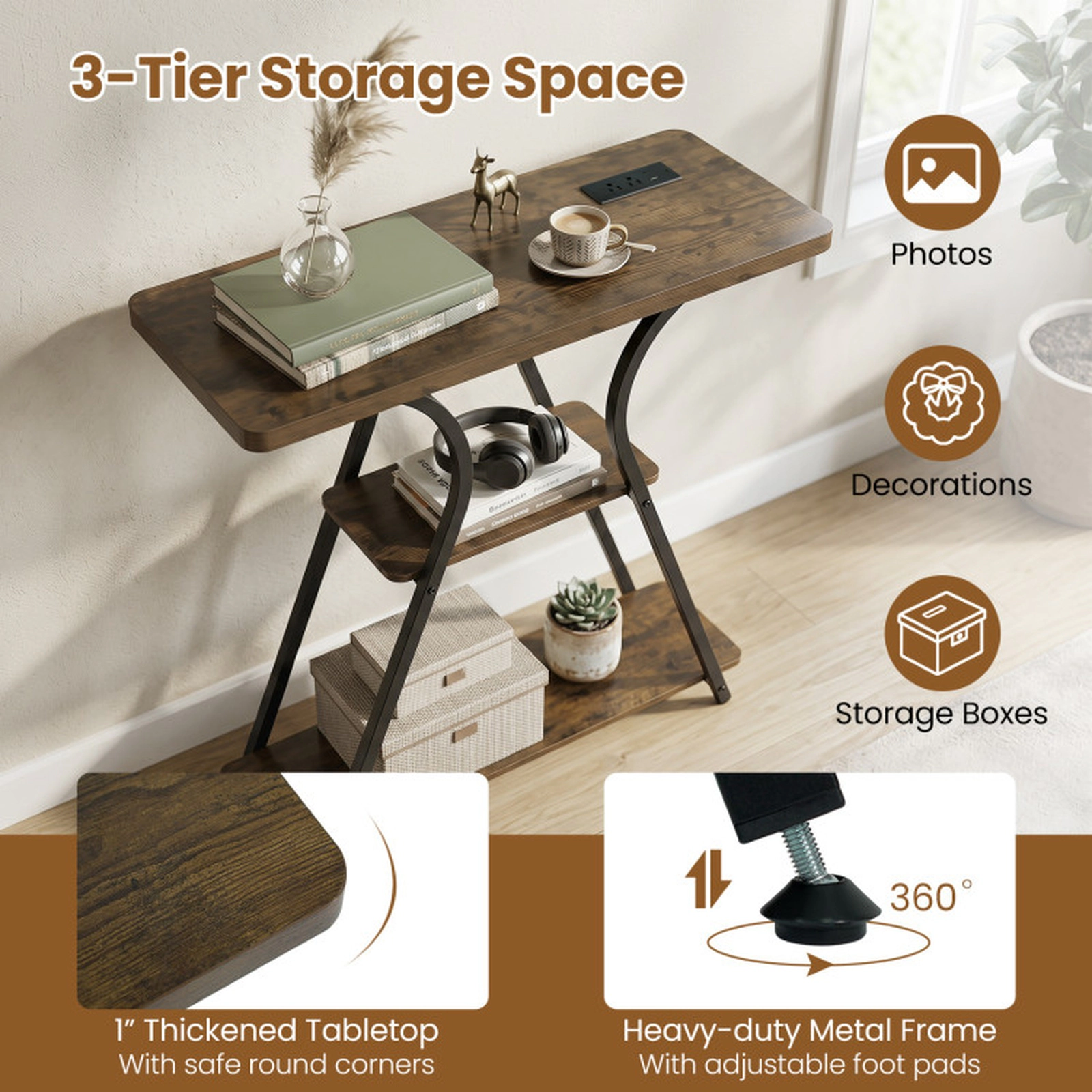 SUGIFT 32-in Narrow 3-Tier Entryway Console Table with Power Outlets and RGB LED Lights 88-lb Capacity Rustic Brown