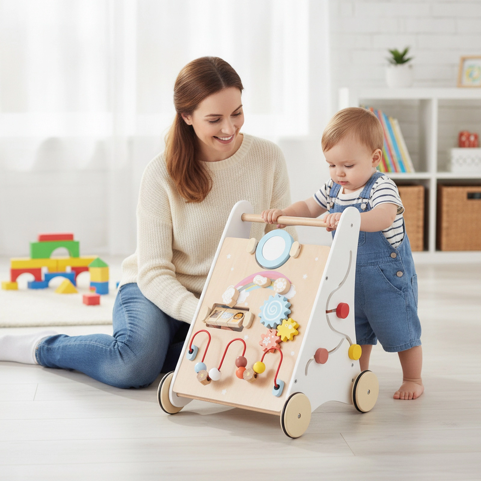 Wooden Baby Push Walker with Activity Center Rubberized Quiet Wheels and Rear Storage Basket in White