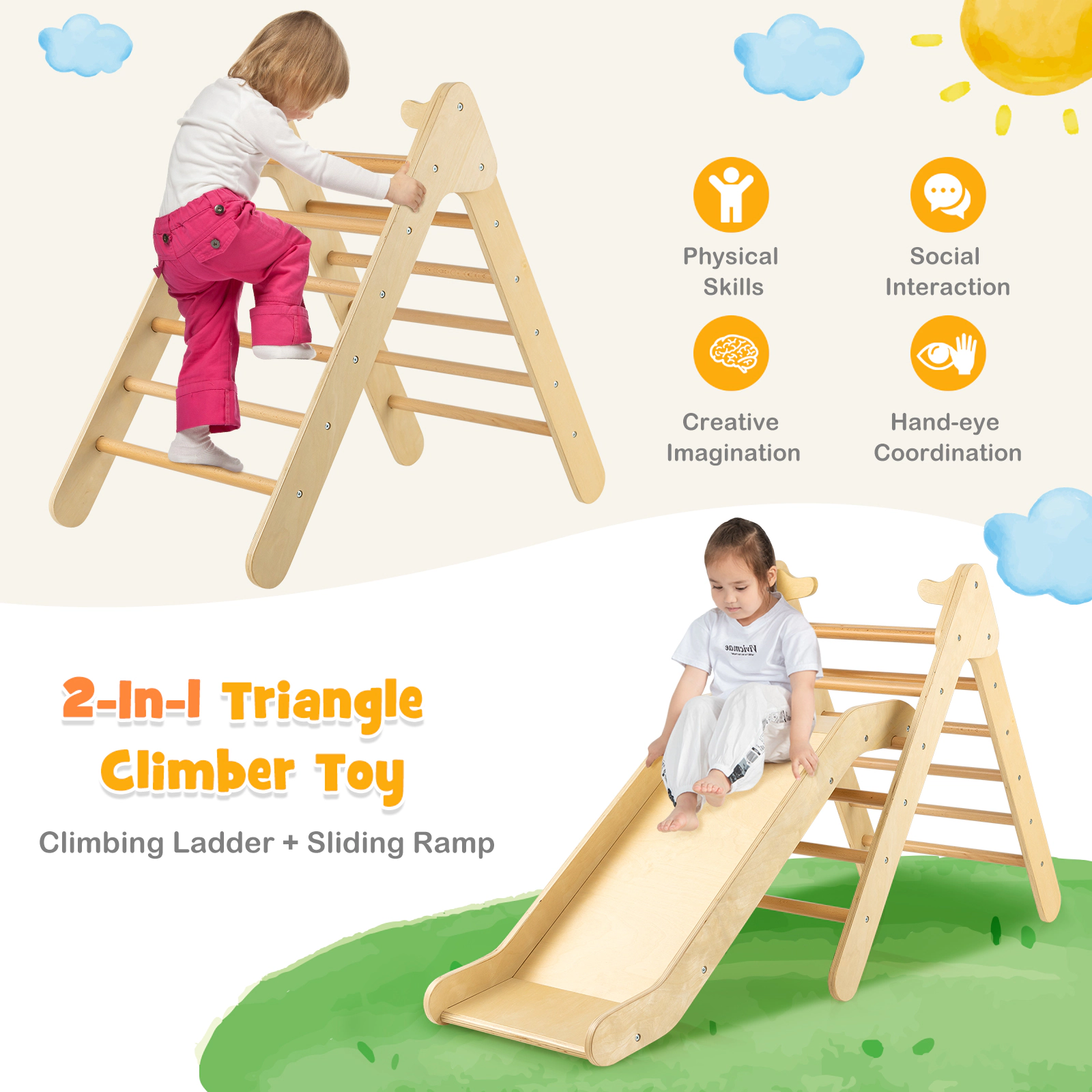 SUGIFT Natural Gradient Adjustable Slide 34 Inch 2-in-1 Kids Wooden Triangle Climber Set