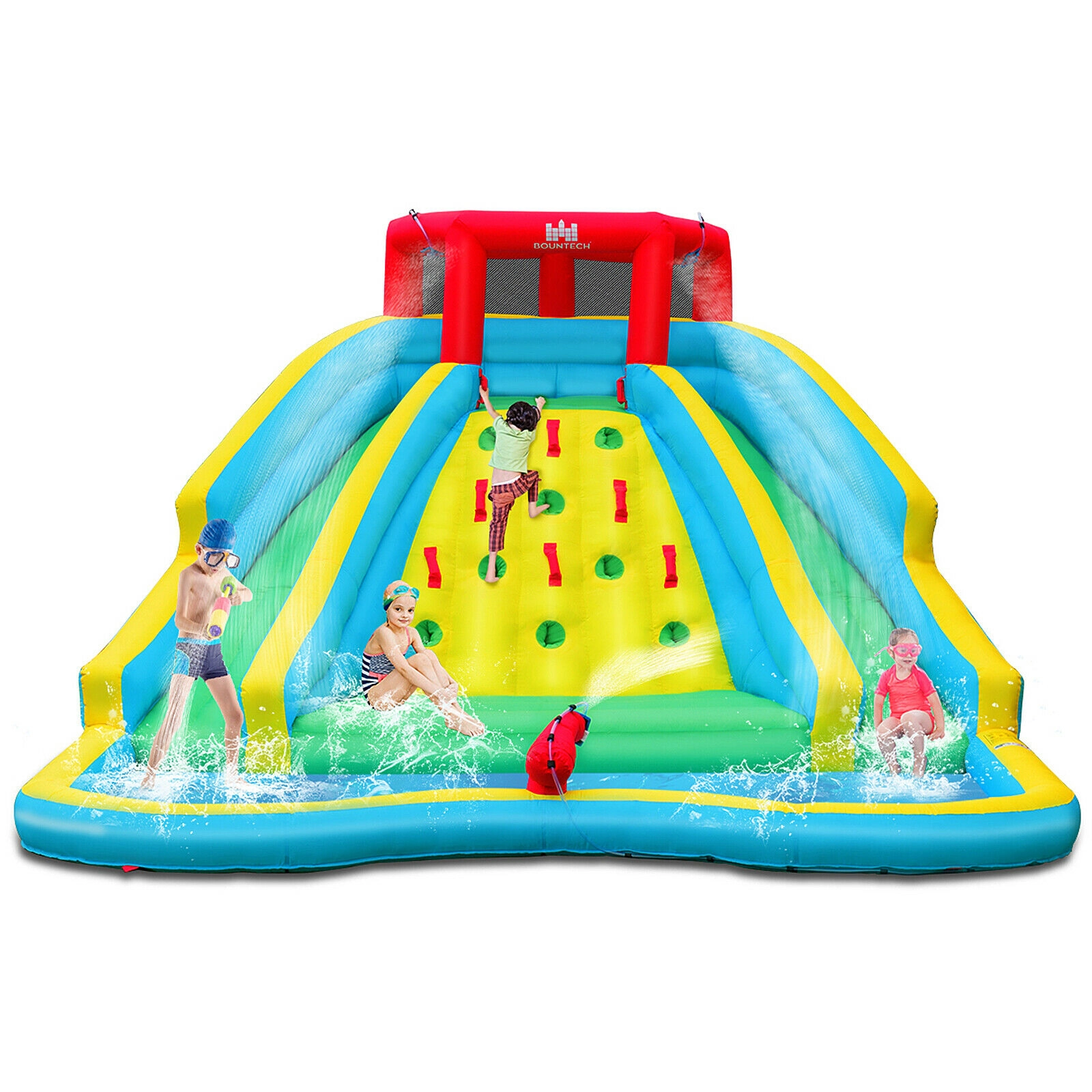 Hivvago Double Side Inflatable Water Slide Park with Climbing Wall for Outdoor Without Blower