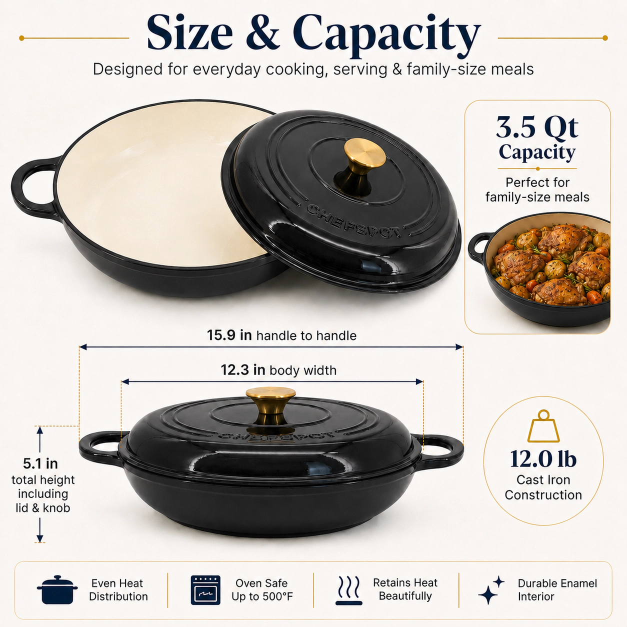 CHEFSPOT 3.5 Quart Enameled Cast Iron Braiser Pan