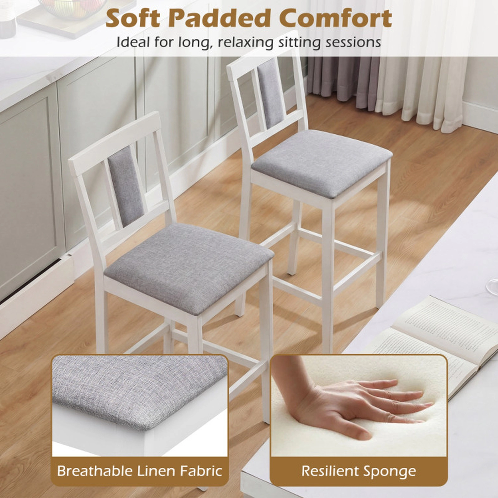 SUGIFT Set of 4 Upholstered Bar Stools 29.5-in Seat Height Bar Height with Solid Rubber Wood Frame 300-lb Capacity White