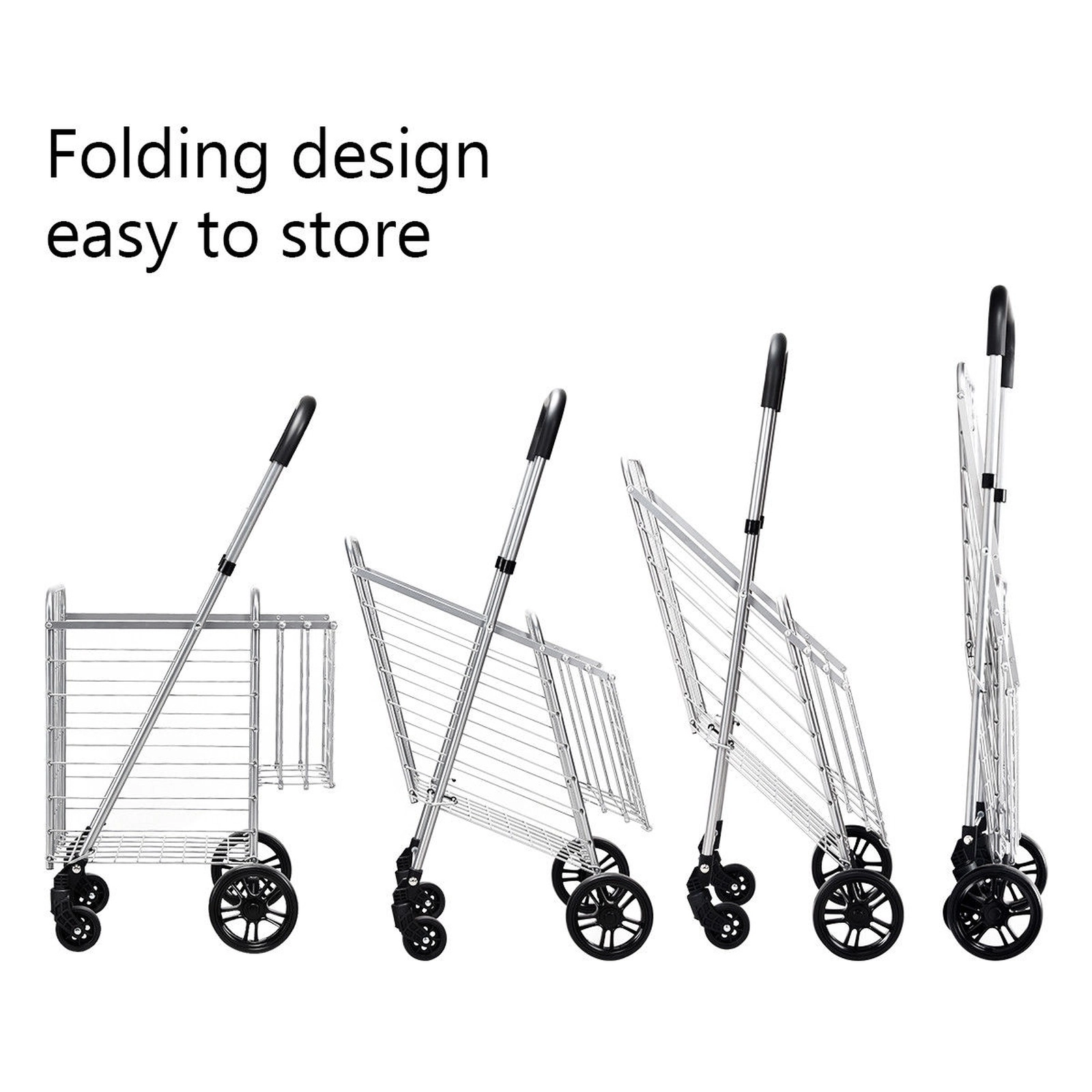 SUGIFT Folding Two-Basket Shopping Cart Rolling Trolley with Adjustable 35-37.5-in Handle 44-lb Capacity Black/Silver