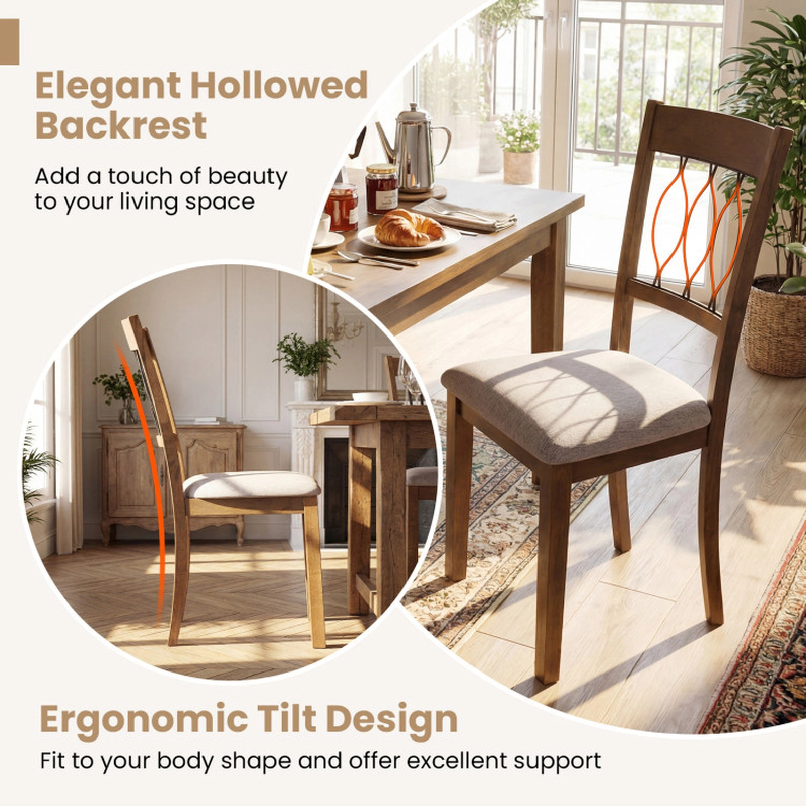 SUGIFT Set of 2 Rustic Brown Upholstered High Open Back Dining Room Chairs with Padded Seat for Kitchen