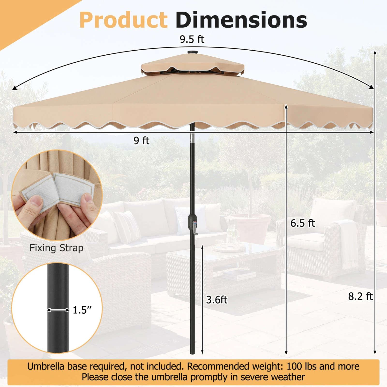 SUGIFT 9-ft Beige Solar Patio Umbrella with 24 LED Lights, Crank Lift and Push-Button Tilt