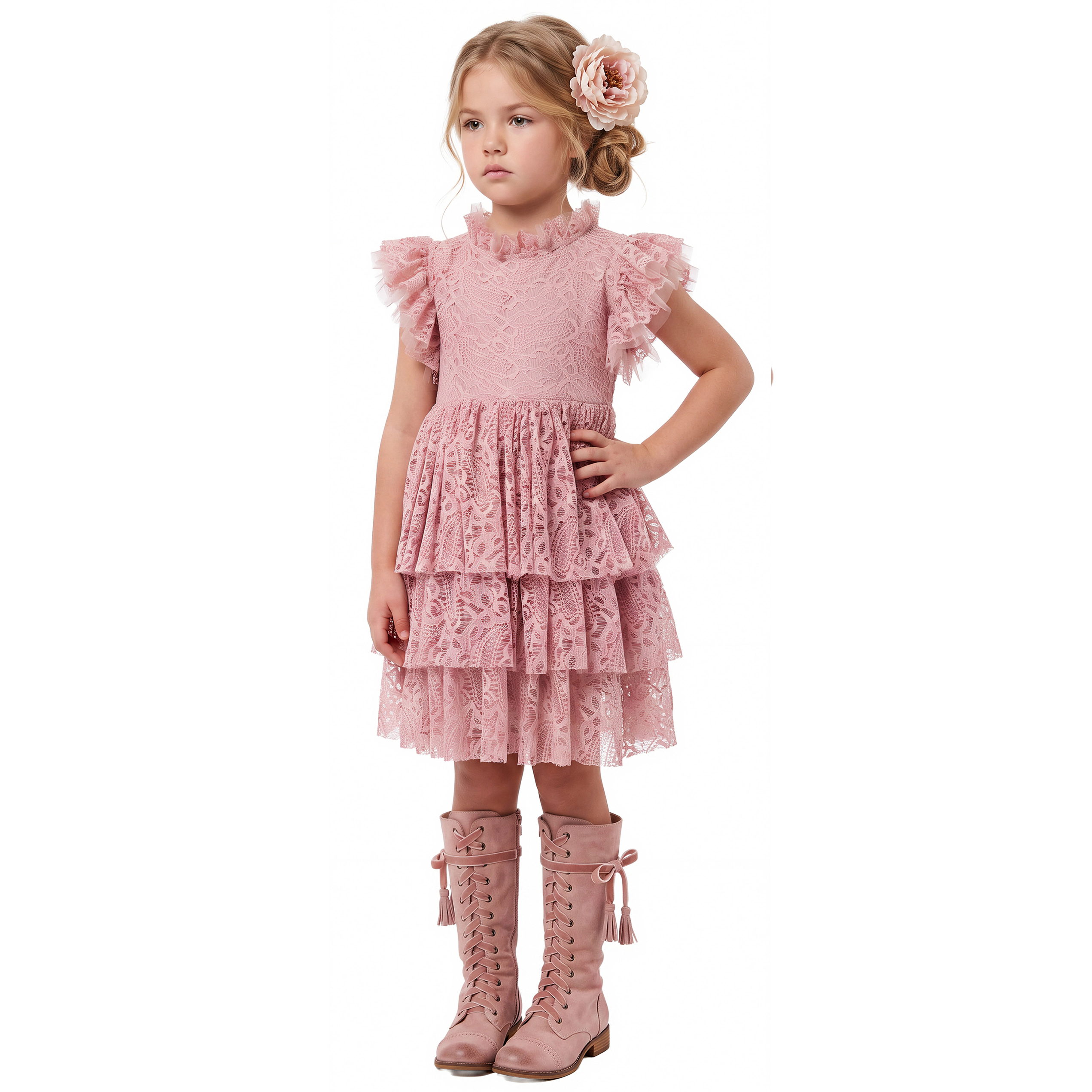2Bunnies Girls' 12M-8Y Iris Lace Tiered Knee-Length Boho Flower Girl Dress